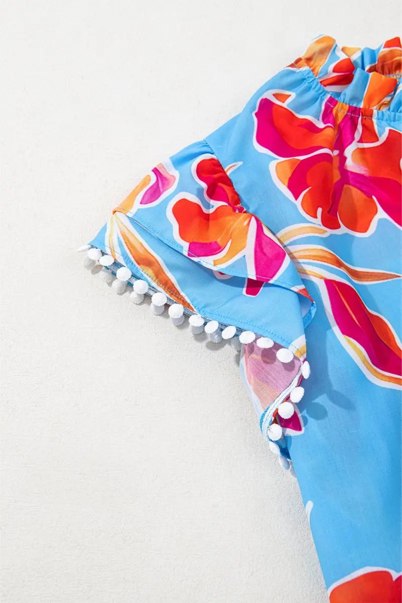 Sky Blue Floral Print V Neck Pompom Trim Flutter Sleeve Blouse - Love Salve